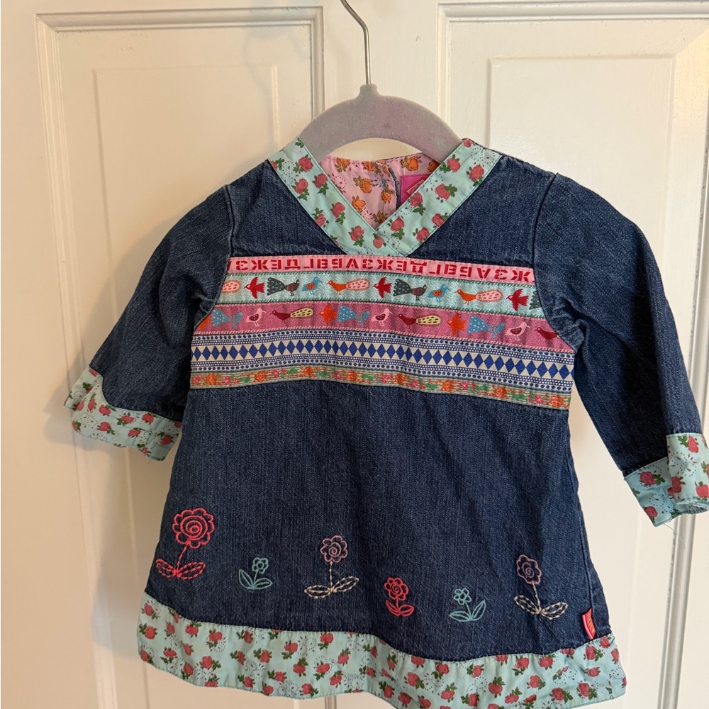 Oilily Girls' Embroidered Dark Blue Denim Dress with Floral Trim